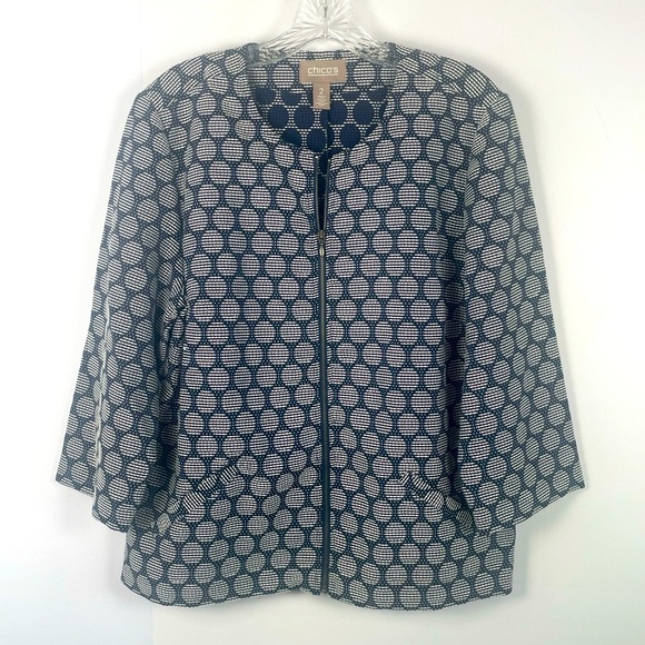 Chico's Blue White Geometric Circles Lightweight Zipper Jacket Size 12 Large - Picture 1 of 12